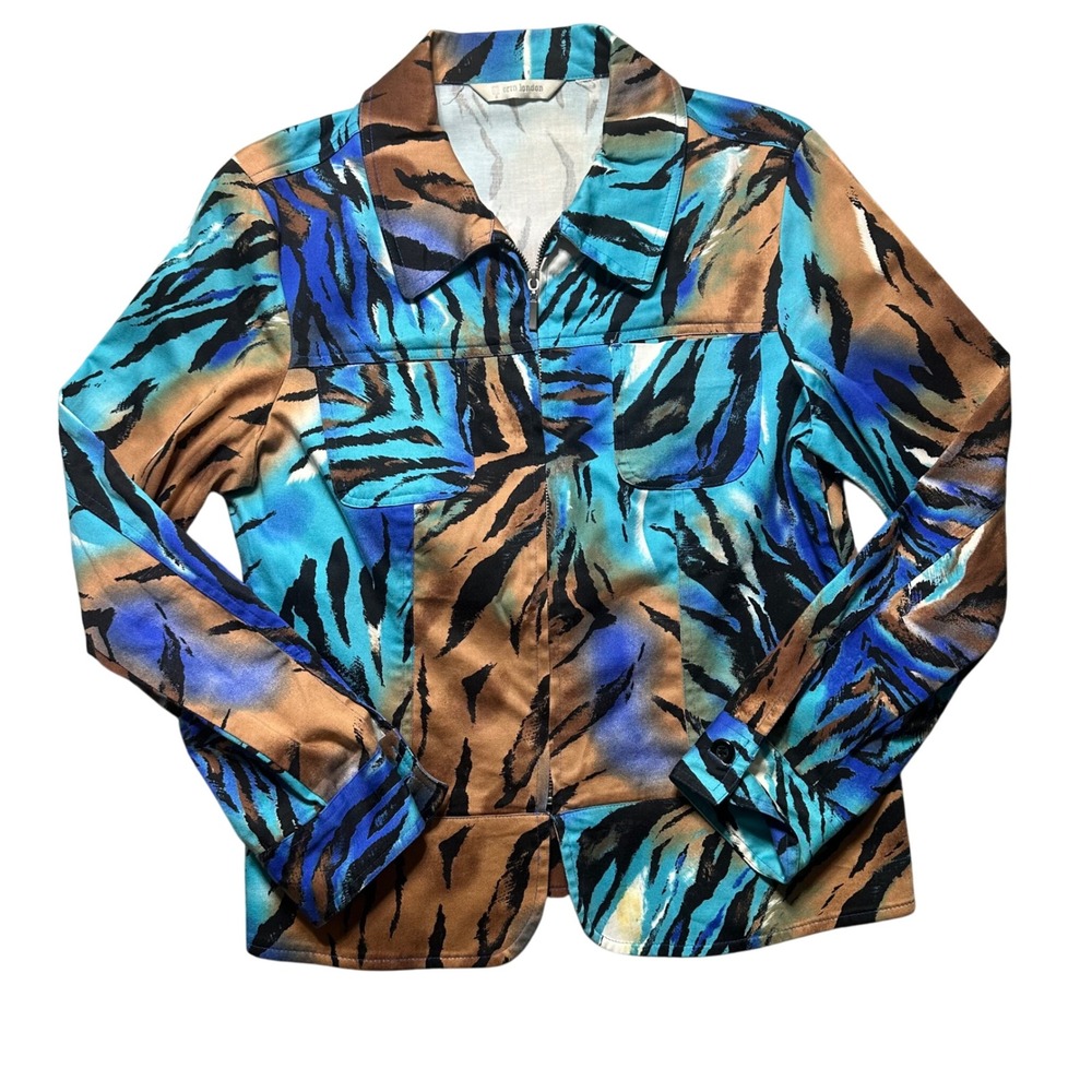 Erin London abstract tiger print jacket vibrant blue brown artsy statement top